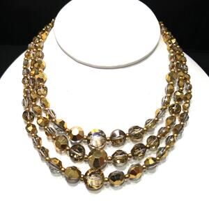 Vintage Gold Crystal 3 Strand Choker Necklace Aspirin Beads 1960s